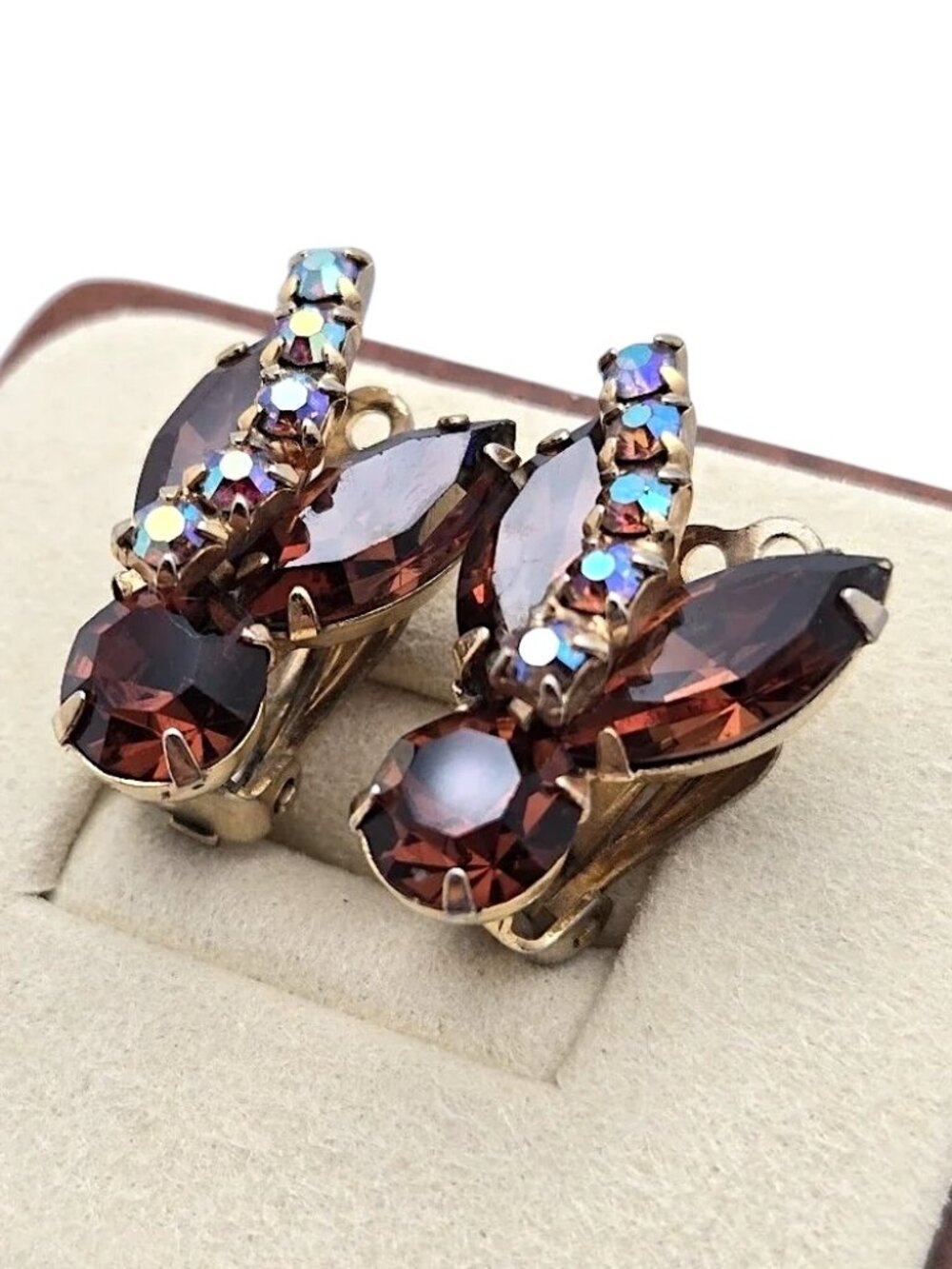 Vintage Smoky Brown Aurora Borealis Rhinestone Clip-On Earrings Marquise Cut